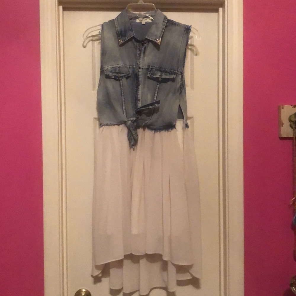 A dress w/ a jean shirt tank top & a white skirt.